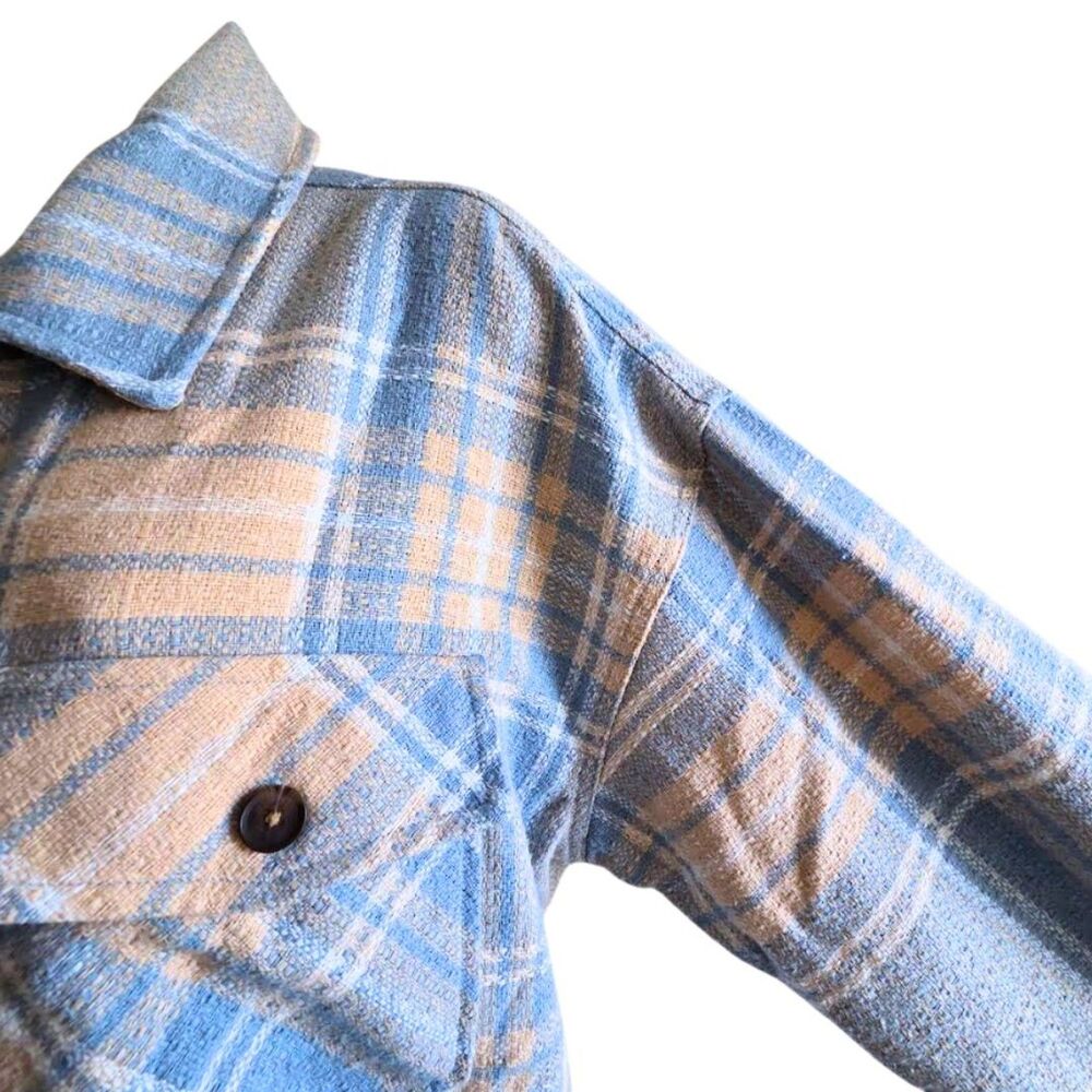 Boston Traders Shacket Womens L Blue Beige Plaid Flannel Button Shirt Jacket - Picture 5 of 12